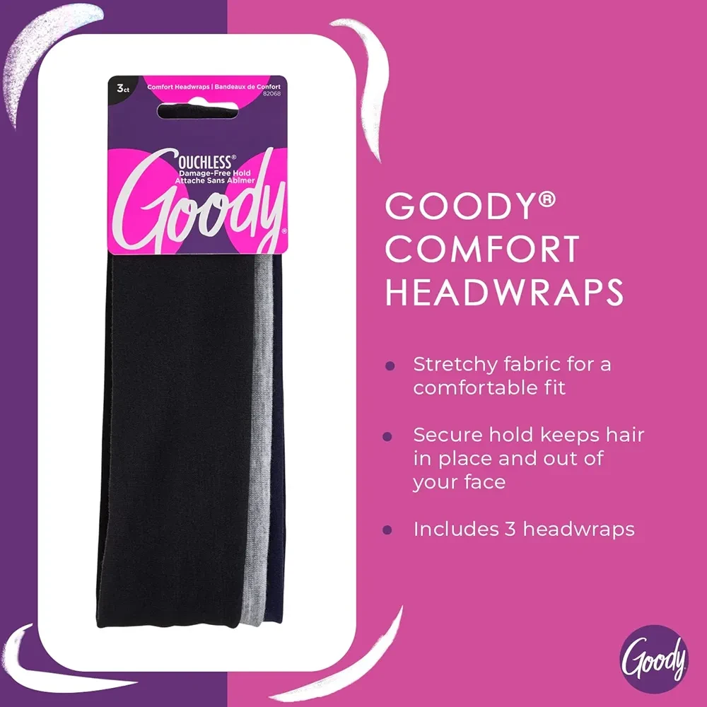 Goody Ouchless Comfort Head Wraps - 3 Ct, Black/Grey, Soft & Stretchy Fabric Headbands for Women & Men, Secure Hold Yoga, Workout Headband, Versatile Hair Accessories for All-Day Wear, All Hair Types