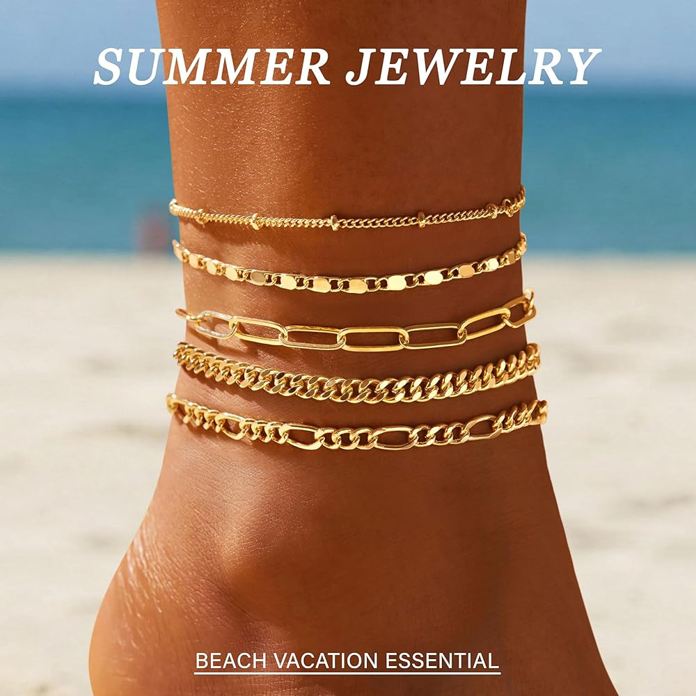 Ankle Bracelets for Women, 14k Gold Jewelry Set Waterproof Layered Cuban Figaro Link Chain Anklets Set Gold Anklets Summer Boho Beach Jewelry Gift Adjustable Size