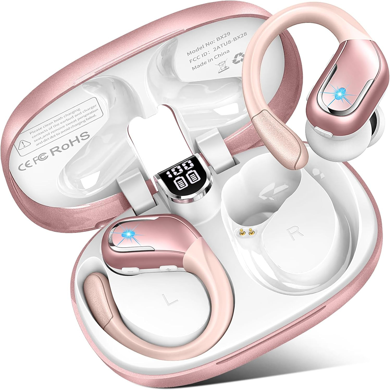 Wireless Bluetooth Earbud Sport, Bluetooth 5.3 Headphones with Noise Cancelling Mic, 75H HiFi Stereo Over Ear Earbud with LED Display and USB-C, IP7 Waterproof Earphones, Button Control, Rose Gold