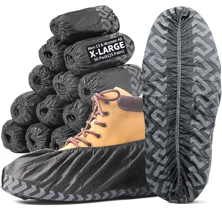 X-Large 50 Pack Shoe Covers Disposable Non-Slip, Black Non-Woven Fabric Boot Covers for Indoors Breathable Slip Resistant Durable Boot, Stretchable Fits Up to Size 13 US Men (Black 50 Pcs (XL))
