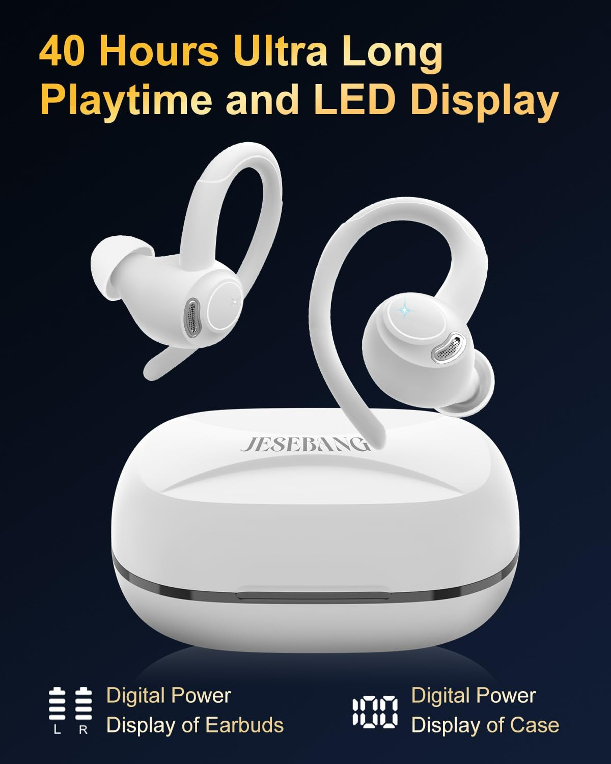 Wireless Earbuds Bluetooth 5.3 Headphones Sport, 2024 Wireless Earphones with Earhooks, HiFi Stereo Deep Bass with ENC Mic, 40H Dual LED Display, IPX7 Waterproof Ear Bud for Small Ear Running/Workout