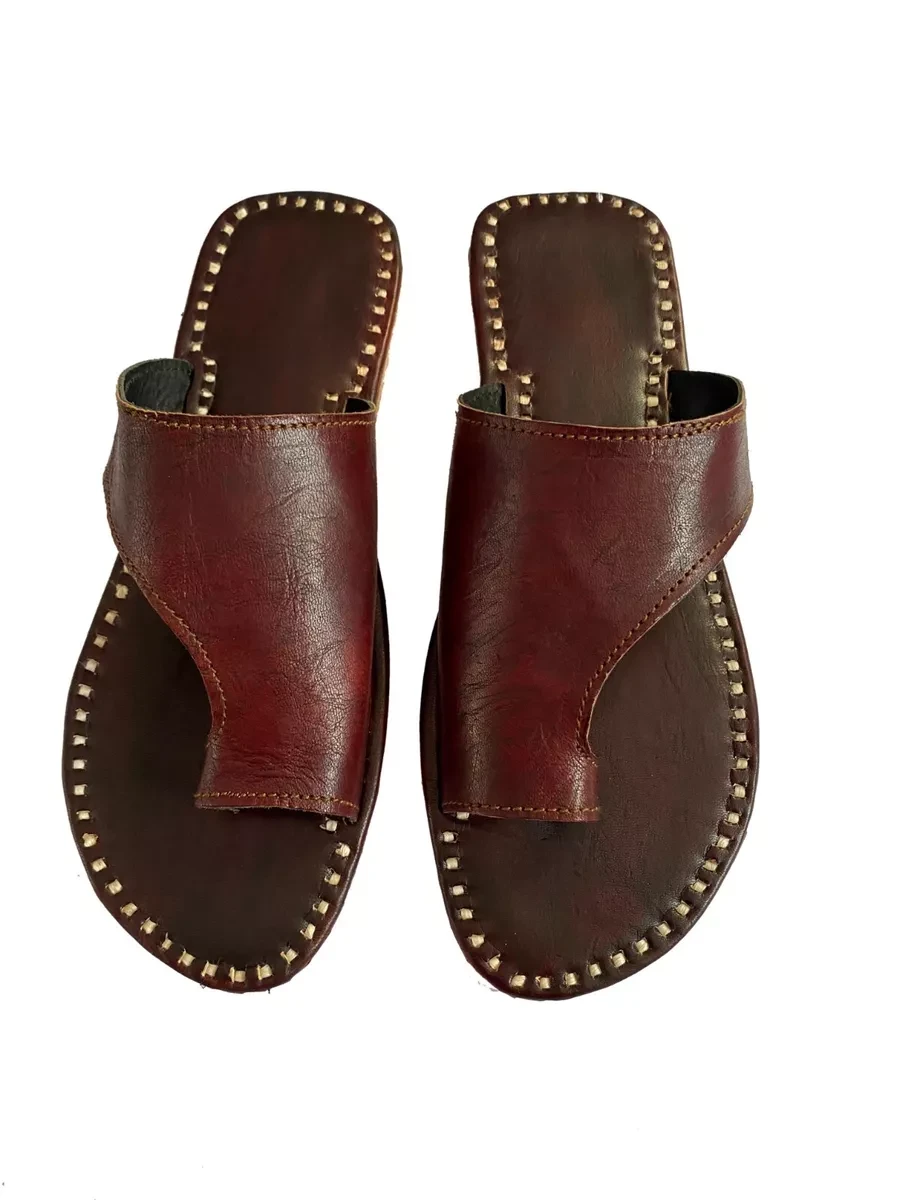 Mens Genuine Brown Leather Sandals Slippers Casual Shoes Indian Flip Flops Flats
