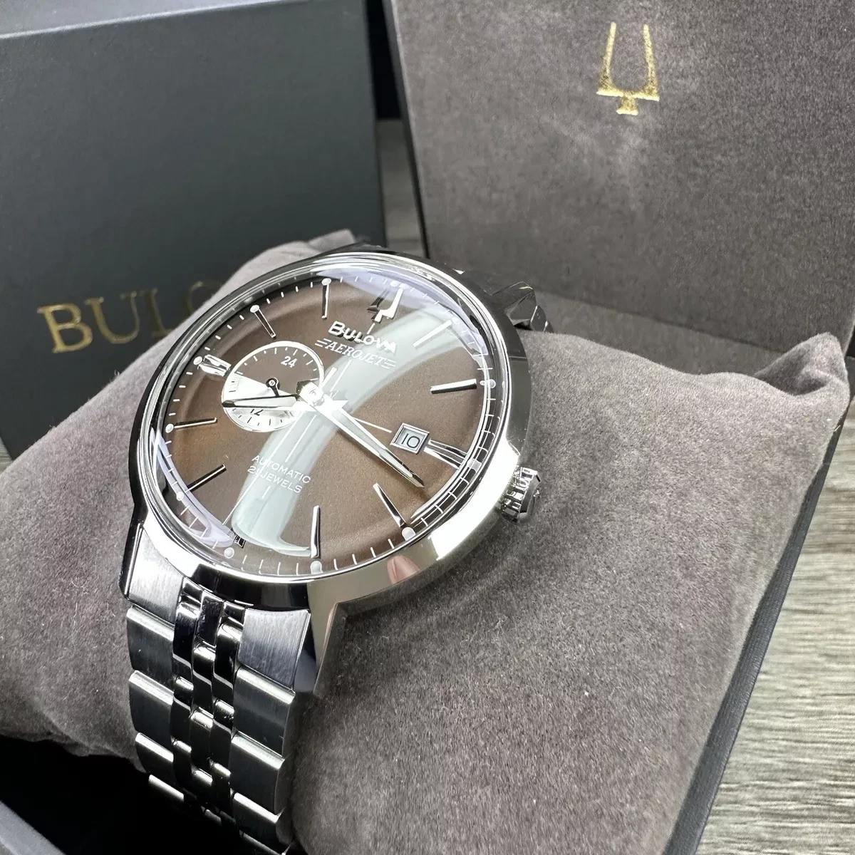 Jam Tangan Pria Bulova Aerojet 41mm Dial Coklat Tali Stainless Steel Perak