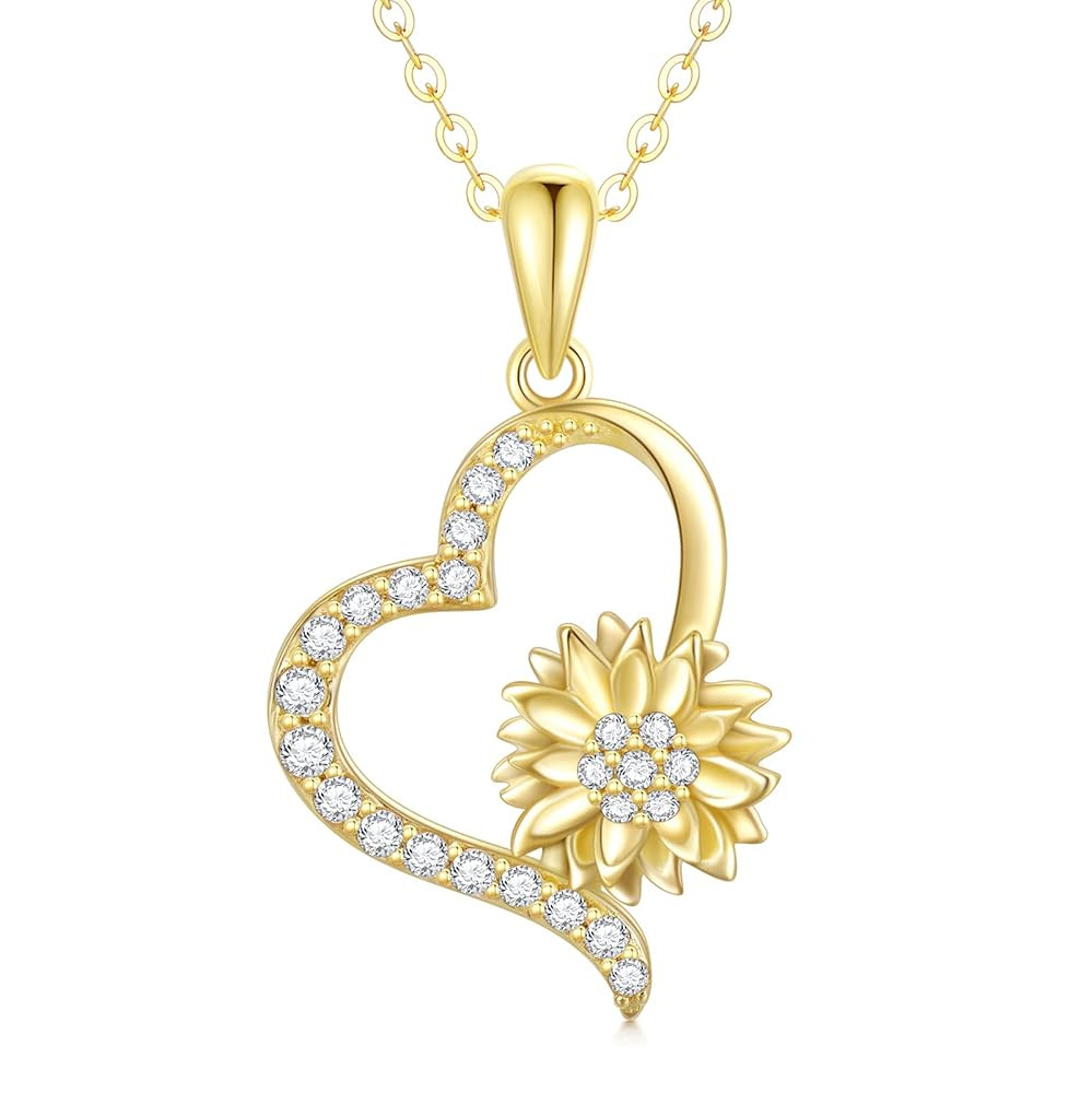 Solid 14k Gold Sunflower Heart Necklace for Women, Real Gold Flower Necklace You are May Sunshine Necklace Fine Jewelry Gifts for Wife, Mom,Girlfriend, 16''-18''