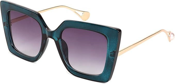 FEISEDY Sunglasses Womens Trendy, Oversized Square Shades, Pearl Inlay Cat Eye Frame UV400 Protection B2625