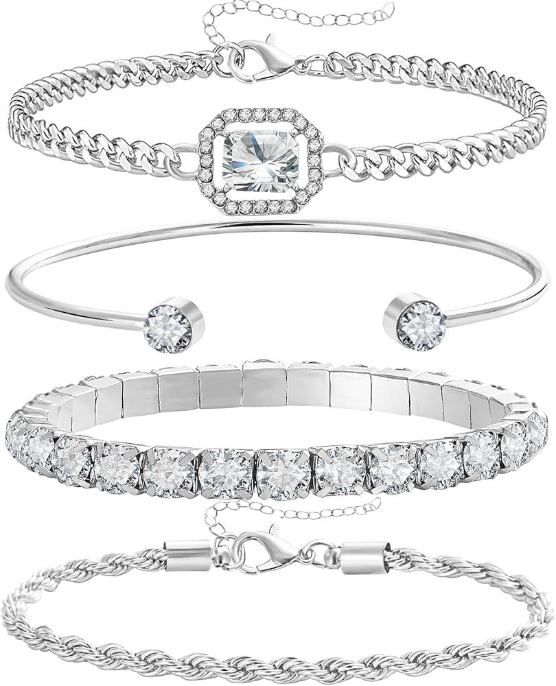 4 Pcs Dainty Gold Silver Bracelets Set for Women 14K Plated Link Cubic Zirconia Paperclip Stake Layering Chain Adjustable Trendy Hand Jewelry