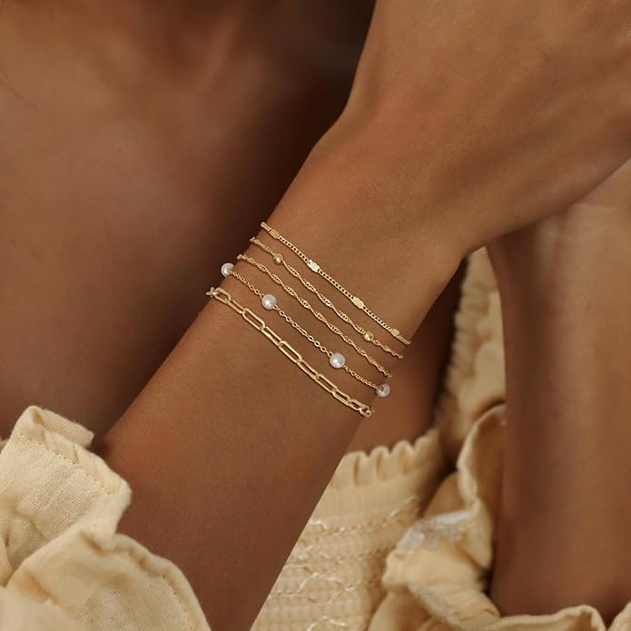 Gold Bracelets for Women, 14K Dainty Gold Plated Stackable Bracelets for Women Trendy Waterproof CZ Tennis Bracelet Set Tiny Heart Paperclip Box Chain Adjustable Bracelets Minimalist Cute Jewelry