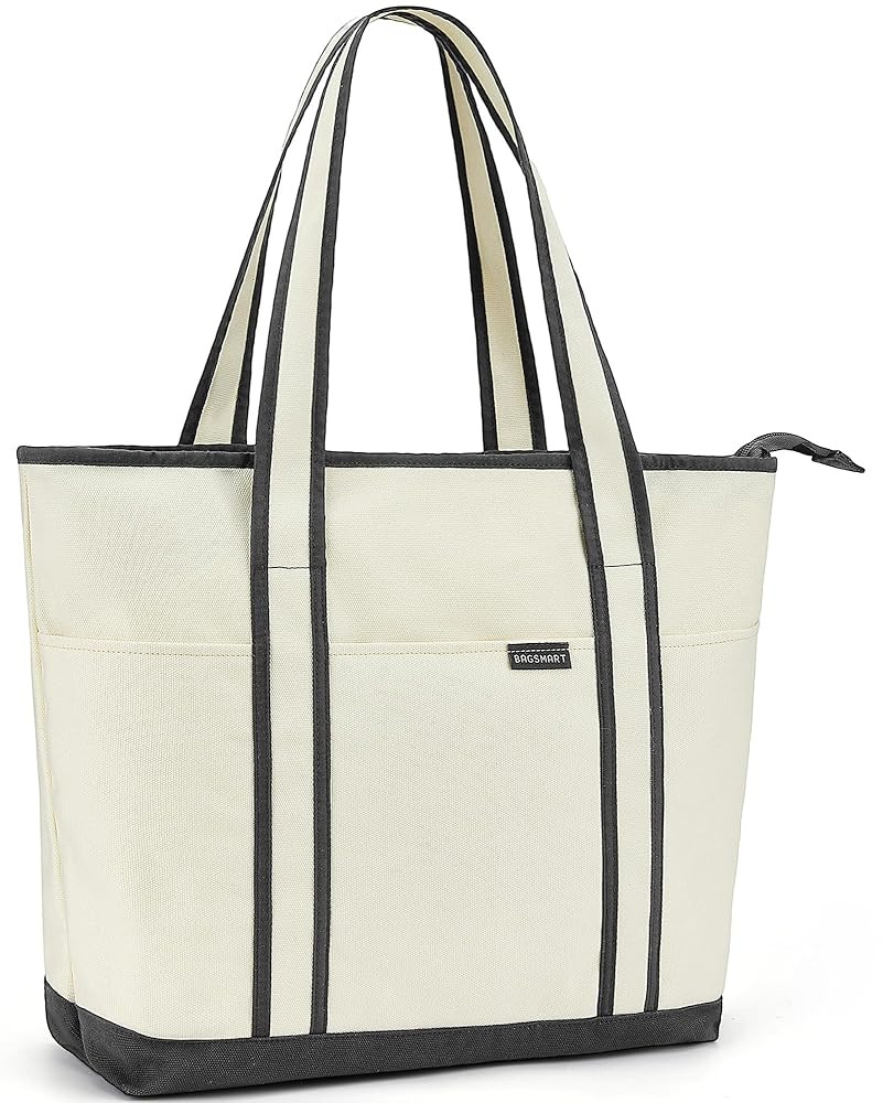 BAGSMART Canvas Tote Bag With Compartments and Zipper, Shoulder Handbag for Women, Travel, Shop