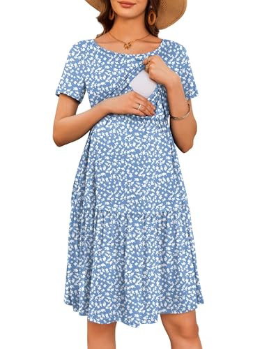 Ekouaer Nursing Dress Summer Short Sleeve Breastfeeding Casual Knee Length Maternity Dresses S-XXL
