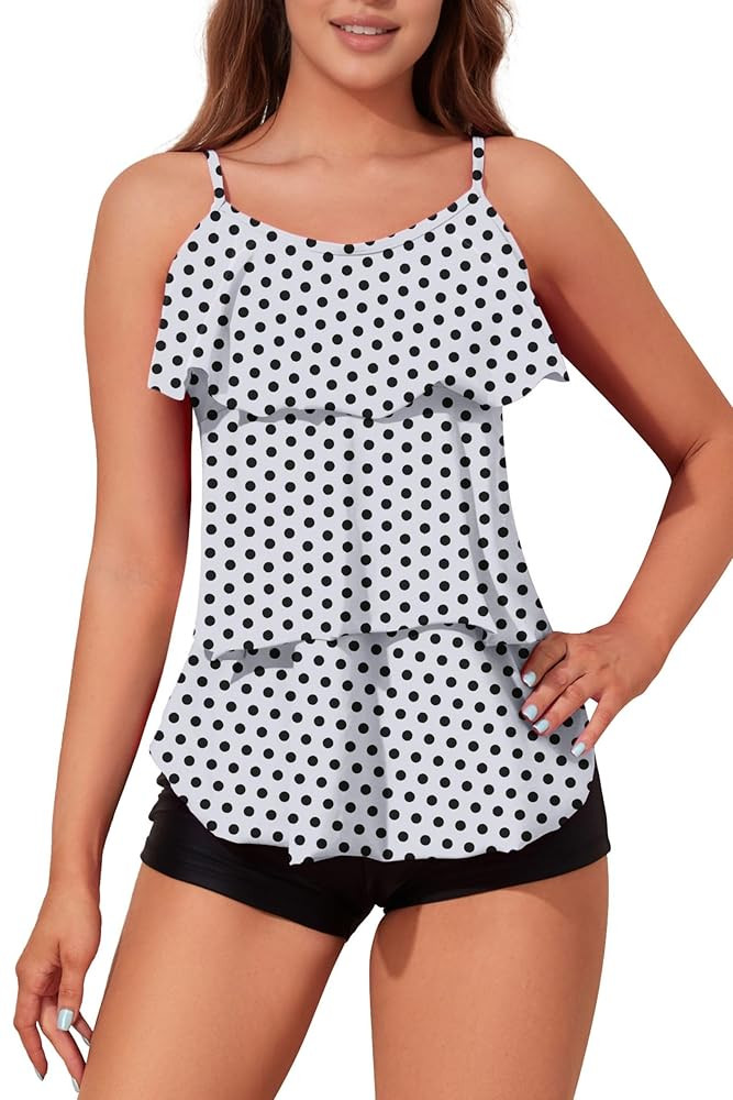 Womens Tankini Swimsuits with Boy Shorts Tummy Control Plus Size Modest Flounce Vintage Tank Top Two Piece Bathing Suits
