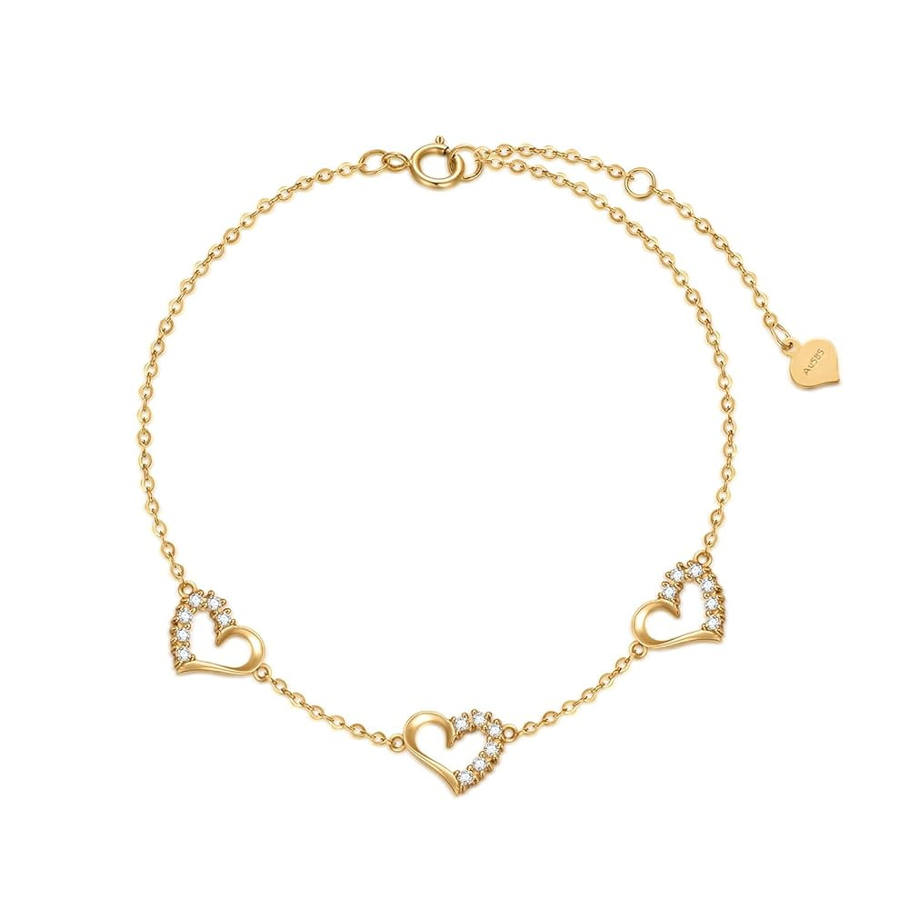 Real 10k Gold Three Heart Bracelet for Women, 10 kt Gold Cubic Zirconia Love Wrist Jewelry Gifts for Sister/Wife/Girlfriend, Present for Her, 6.8-8.4 Inch