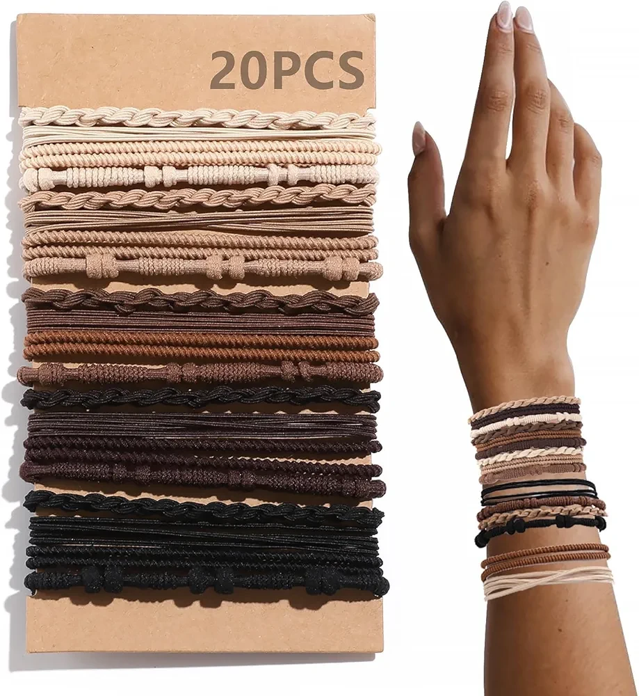 20 PCS Boho Hair Ties, Bracelets Hair Ties for Thick or Thin Hair, 4 Styles Boho Ties for Ponytail Holders, 2.36’’ Hair Ties No-Damage, Brown
