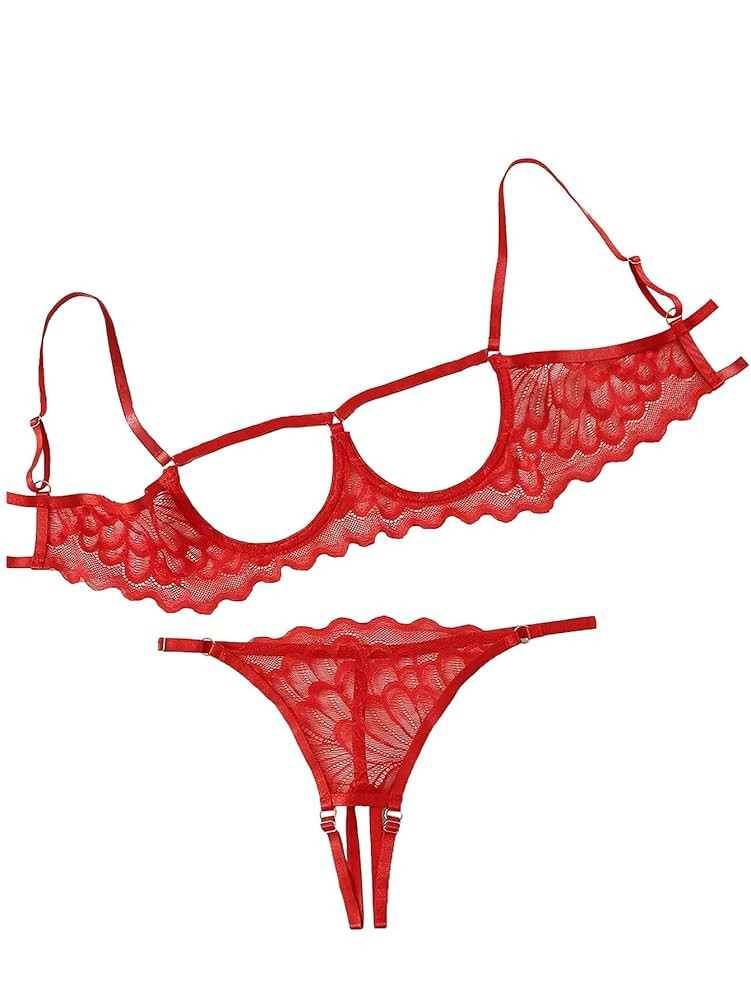 Sexy Underwire Floral Lace Sheer Lingerie Set for Women See Through Bra and Panty 2 Piece