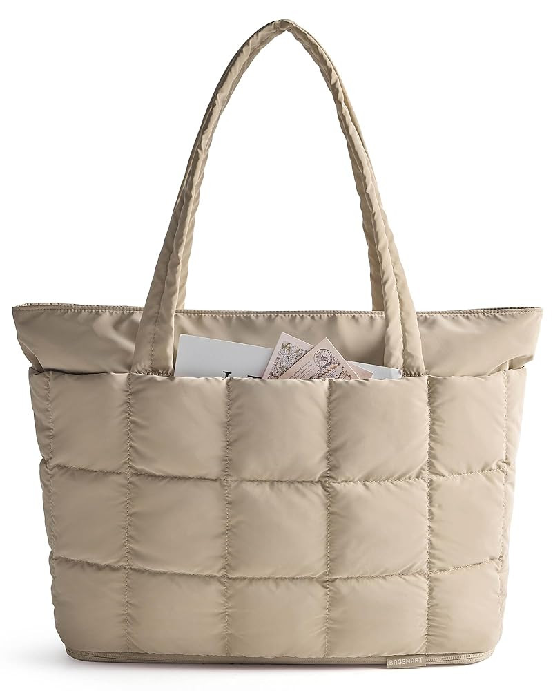 BAGSMART Expandable Tote Bag for Women, Puffer Work Tote Water-Resistant Quilted, Nurse and Carry-On Travel Gym Bag