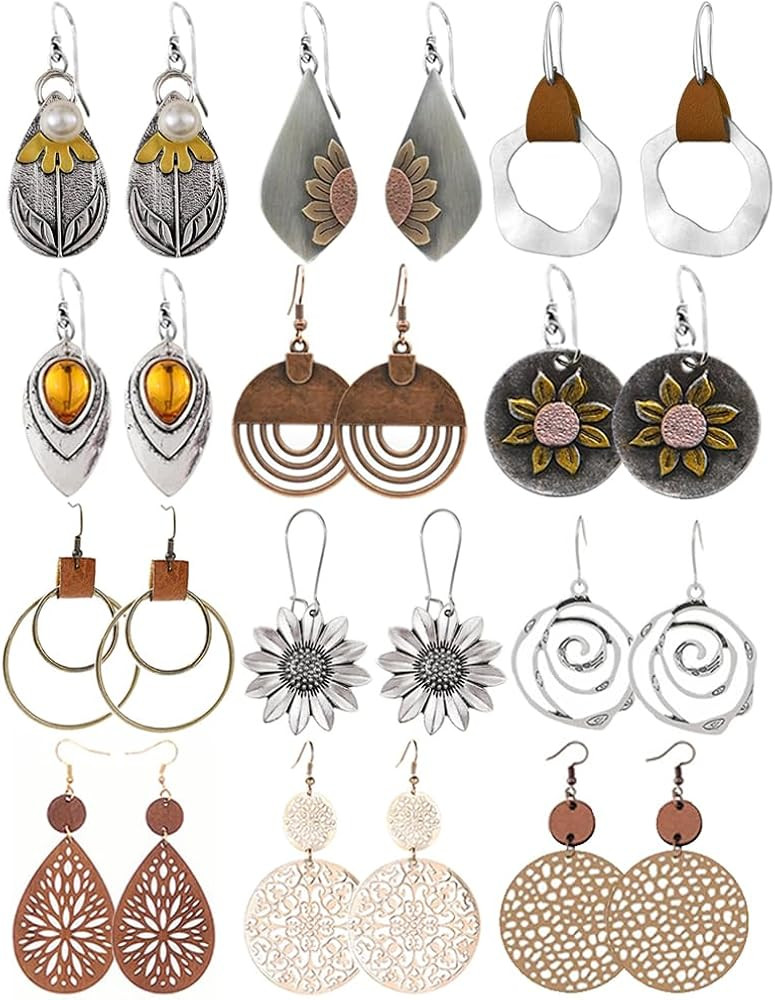 Coolkin 12 Pairs Boho Vintage Geometric Round Earrings Wooden Leather Earrings Ethnic Style Vintage Sunflower Earrings Christmas Earrings for Women and Girls, Silver