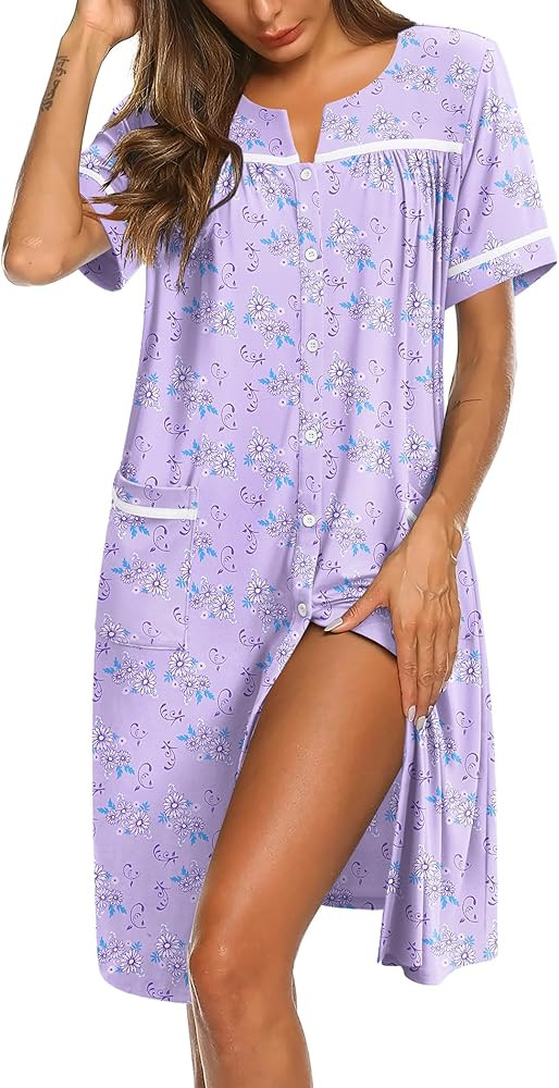 Ekouaer Nightgowns for Women House Dress with Pockets Button Down Sleepshirt Short Sleeve Nightshirt Housecoat S-XXXL