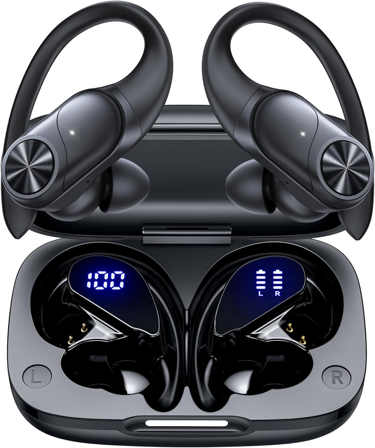 PocBuds Bluetooth Headphones Wireless Earbuds 80hrs Playtime Wireless Charging Case Digital Display Sports Ear Buds with Earhook Deep Bass IPX7 Waterproof Over-Ear Earphones for TV Phone Laptop Black