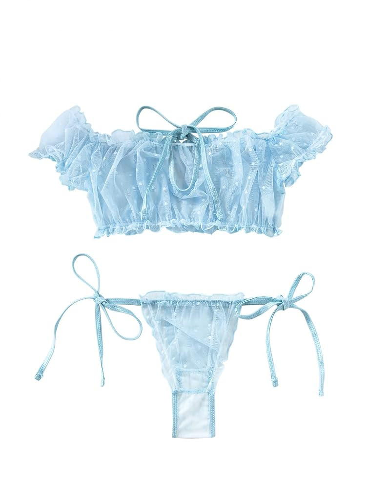 Sexy Stretch Ruffle Tie Sheer Mesh Lingerie Set Outfits