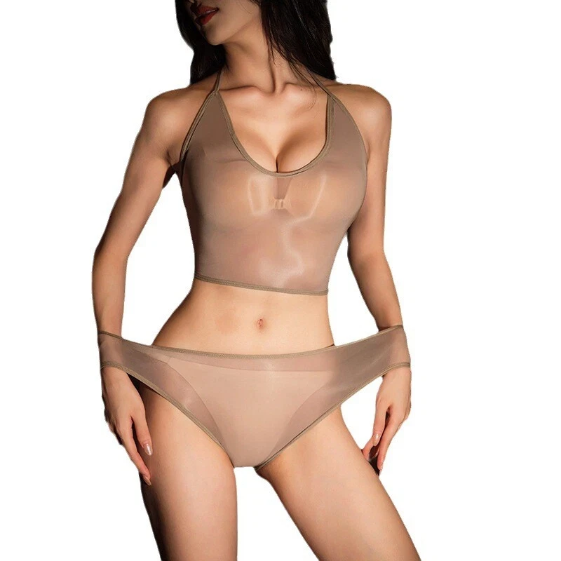 Women Oiled Shiny Mesh Bikini Set Swimsuit Swimwear Halter Sexy Bathing Suit