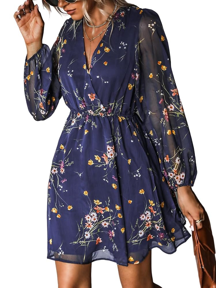 CUPSHE Women's Mini Dresses Casual Spring V Neck Chiffon Long Peasant Sleeves Flowy Summer Dress