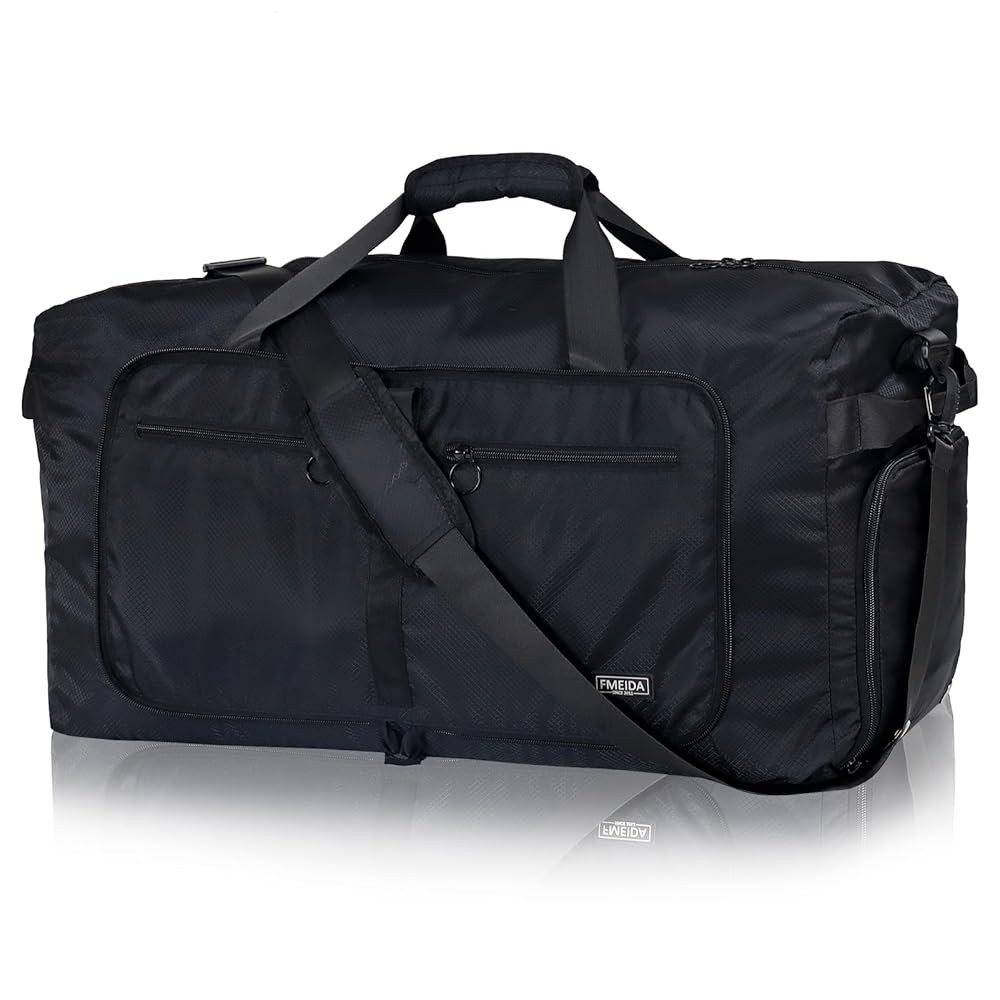 Fmeida 65L Duffle Bag with Shoes Compartment, Foldable Travel Duffel Bags for Men Women, Large Packable Travel Bag Water Repellent & Tear Resistant (Black)