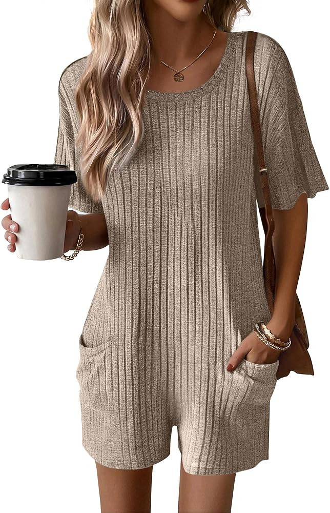 Ekouaer Rompers for Women Casual Ribbed Short Sleeve T-Shirt Tee Romper Summer Outfits with Pockets 2025