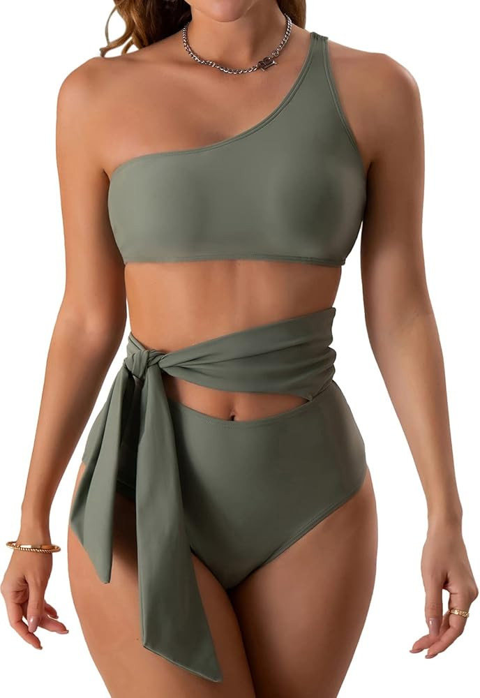 Tummy Control Two Piece Bathing Suits for Women One Shoulder 2 Piece Swimsuit Tie Side High Waisted Bikini