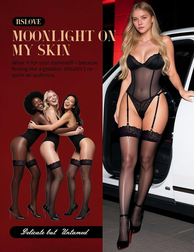 Women's Lace Top Thigh High Sheer Stockings Antiskid Silicone Ultra Shimmery Pantyhose