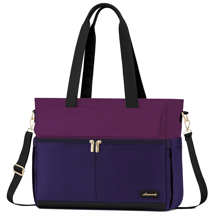 LOVEVOOK Laptop Bag for Women 15.6 Inch Canvas Laptop Large Capacity Work Bags Mutiple Pockets Teacher Bag Water Resistant Computer Bags for Business Travel Nurse, Dark Purple-Black